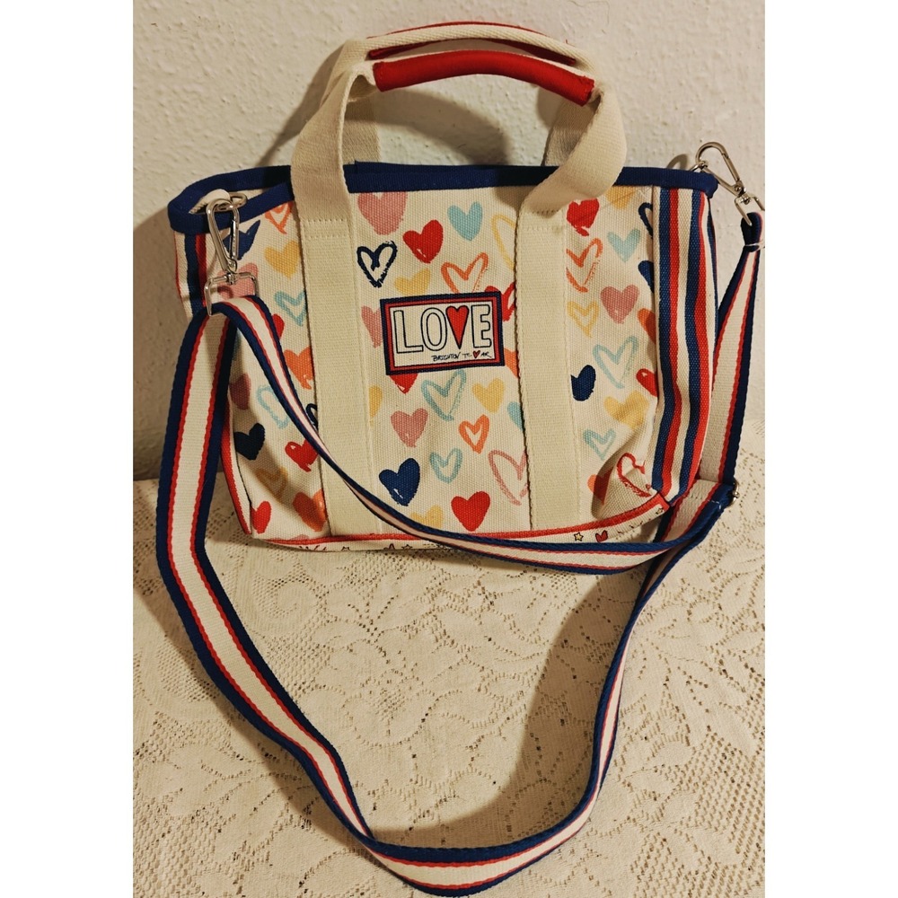 Brighton Red White and You Mini Canvas Tote Bag Purse | Love & Hearts Long Strap